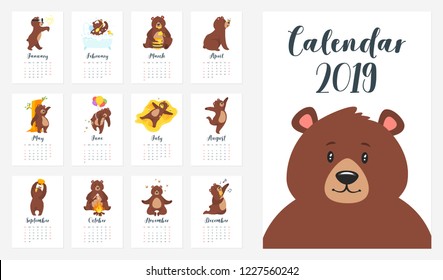 2019 year monthly calendar with bear. Cartoon template for print. Grizzly bear different activities and situations on every page. Vertical layout.