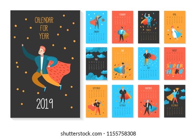 2019 Year Monthly Calendar with Flat People Characters Super Heroes. Calendar Template Layout with Man and Woman in Red Cloak. Vector illustration