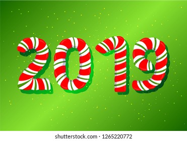 2019 year numbers. Christmas candy on a green star background.