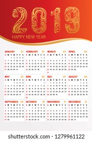 2019 year office calendar with calligraphic stylized numbers. Vector illustration