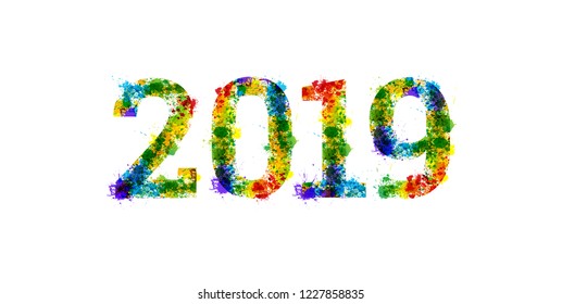 2019 años pinta salpicaduras. Tipo de letra vectorial gradiente. Número.