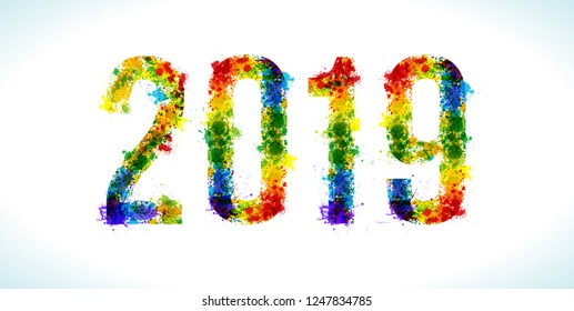 2019 year paint splashes. Gradient Vector Font. Number.