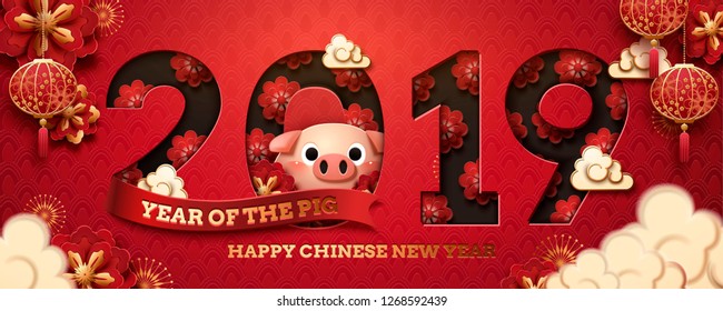 2019 year of the pig banner design with flowers and piglet