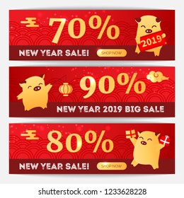 2019 Year of the Pig chinese zodiac sign flat cartoon characters on sale banners, oriental asians chinese style web online background elements, discount flyer