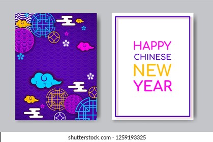 2019 Year of the Pig chinese zodiac year,oriental chinese backdrop traditional circles,flowers,clouds.Happy New Year greeting card,web online concept,asian style background elements