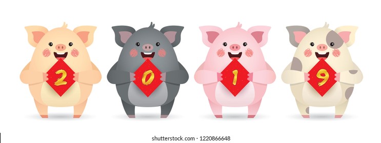 2019 year of the pig. Cute cartoon pigs with couplet of 2019 isolated on white background. Chinese new year design element. Cartoon pig in different color.