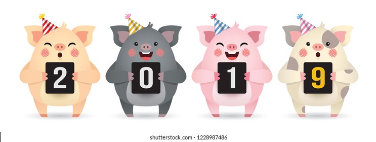 2019 year of the pig. Cute cartoon pigs with number of 2019 isolated on white background. Happy new year flat vector design element. Cartoon pig in different color.