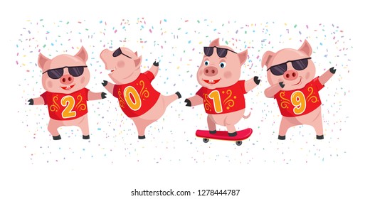 2019 year of the pig. Cute cartoon pigs with number of 2019 on confetti background. Happy new year flat vector design element.