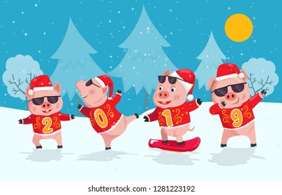 2019 year of the pig. Cute pigs with numbers of 2019 on winter nature background.