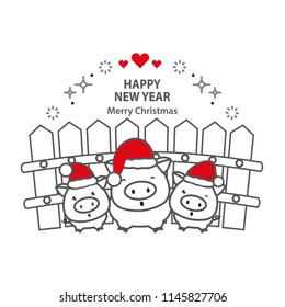 2019 year of the pig greeting card. Piggy in the hat of Santa Claus cartoon character. 