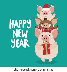 2019 year of  the pig greeting card. Piggy and boar cartoon character. 