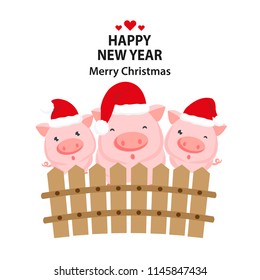 2019 year of the pig greeting card. Piggy in the hat of Santa Claus cartoon character. 