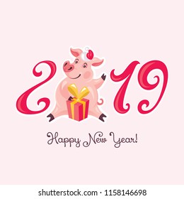2019 Year of the Pig greeting card vector illustration
