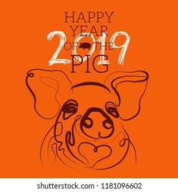 2019 Year of the Pig greeting card  with simple one even strokes style
