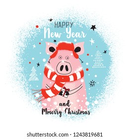 2019 Year of the Pig greeting card vector illustration. Happy new year - lettering quote. Christmas card, poster, t-shirt composition, hand drawn style print.