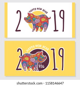 2019 Year of the Pig greeting cards vector illustration