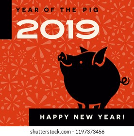 2019 year of the pig happy new year greeting card, poster, banner design with cute little pig.