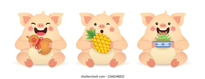 2019 year of the Pig illustration. Set of cute cartoon pig holding chinese bottle gourd, pineapple & bamboo plant isolated on white background. Chinese New Year icon or item. (translation: blessing)