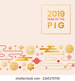 2019 Year of the Pig zodiac year of China,oriental chinese gold backdrop traditional circles,flowers,clouds.Happy New Year greeting card,web online concept,asian style golden background elements