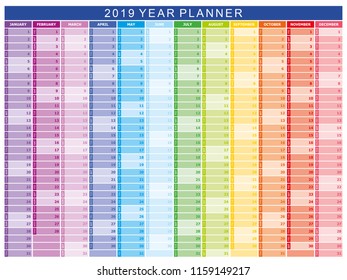 2019 Year Planner Calendar Vector