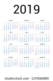 2019 year Portuguese calendar in Portuguese language. Classical, minimalistic, simple design. White background. Vector Illustration. Week starts from monday.