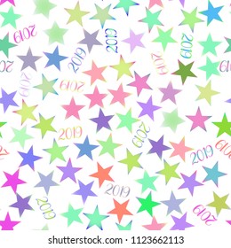 2019 year seamless pattern with random, chaotic, scattered colorful stars on white backround.