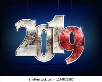 2019 year silver golden yellow frost shine design on darck background 2019 creative design for greetings card, flyers, invitation, posters, brochure, banners, calendar Vector stock illustration.
