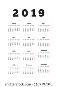 2019 year simple calendar on french language, a4 vertical sheet on white
