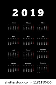 2019 year simple calendar on german language on dark background, a4 vertical sheet