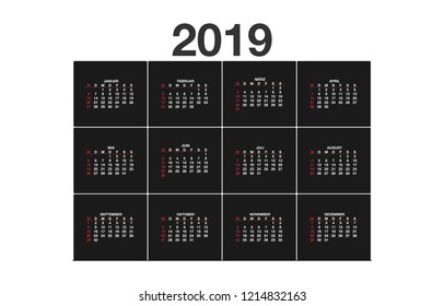 2019 year simple calendar on german language on dark background, a4 vertical sheet. Vector, German calendar