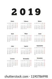 2019 year simple calendar in spanish, a4 vertical sheet on white