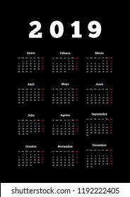 2019 year simple calendar in spanish on dark background, a4 vertical sheet