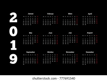 2019 year simple white calendar on german language on black backdround