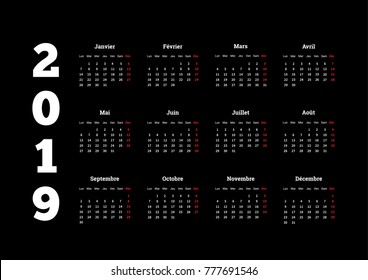 2019 year simple white calendar on french language on black background