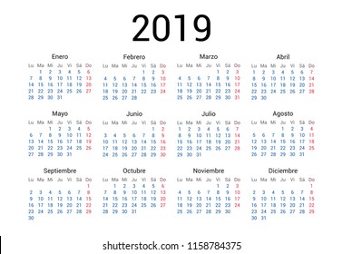 2019 year Spanish calendar in Spanish language. Classical, minimalistic, simple design. White background. Vector Illustration. Week starts from monday.
