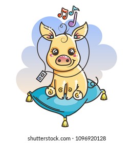 2019 year symbol. Cute cartoon baby golden pig with music player. Vector illustration