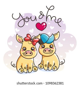 2019 year symbol. Cute cartoon golden baby pigs in love. Vector illustration