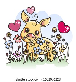 2019 year symbol. Cute cartoon golden baby pig on a flower background. Vector illustration