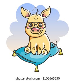 2019 year symbol. Cute cartoon golden baby pig in a cool sunglasses. Vector illustration