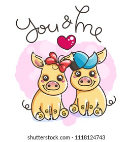 2019 year symbol. Cute cartoon golden baby pigs in love. Vector illustration