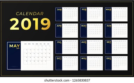 2019 year table calendar template. Horizontal day planner with golden inscriptions. Week start on sunday