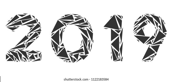 2019 year text mosaic of triangle items in variable sizes and shapes. Vector polygons are united into 2019 year text illustration. Geometric abstract vector illustration.