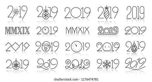 2019 year thin line icon set. Outline sign kit of 20-19. Number banner linear icons includes subtle script, creative font, winter typography. Simple 2019 black contour symbol vector Illustration