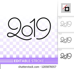 2019 year thin line icon. Outline web sign of new years eve. Numeric banner linear pictogram with different stroke width. Simple vector transparent symbol. 2019 editable stroke icon without fill