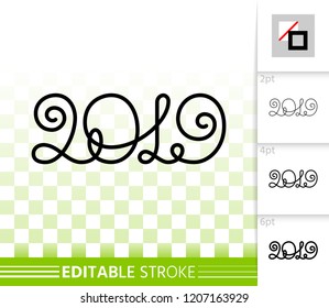 2019 year thin line icon. Outline web sign of new years eve. Numeric banner linear pictogram with different stroke width. Simple vector transparent symbol. 2019 editable stroke icon without fill