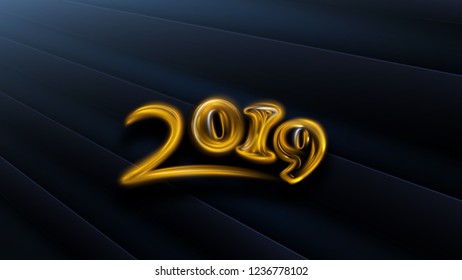 2019 Year. Vector holiday illustration. Happy New Year 2019 Greeting Card with shine Numbers on Black Background. Vector Illustration. Merry Christmas Flyer or Poster Design