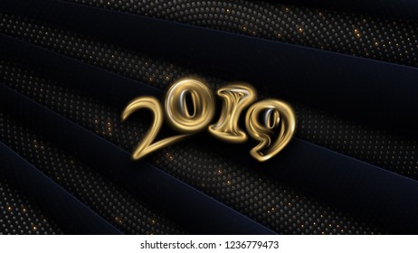 2019 Year. Vector holiday illustration. Happy New Year 2019 Greeting Card with shine Numbers on Black Background. Vector Illustration. Merry Christmas Flyer or Poster Design