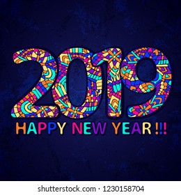 2019 year wallpaper. Happy New Year poster. Zentangle ornament greeting card. Grunge holiday background. Vector abstract for web design, printed products or calendars.