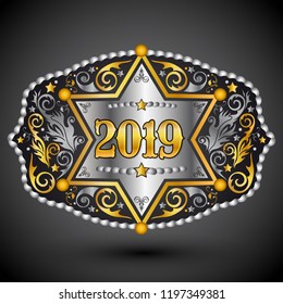 2019 Year Western Cowboy Belt Buckle With Sheriff Badge Vector Design