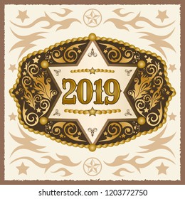 2019 Year Western Cowboy Belt Buckle With Sheriff Badge Vector Design